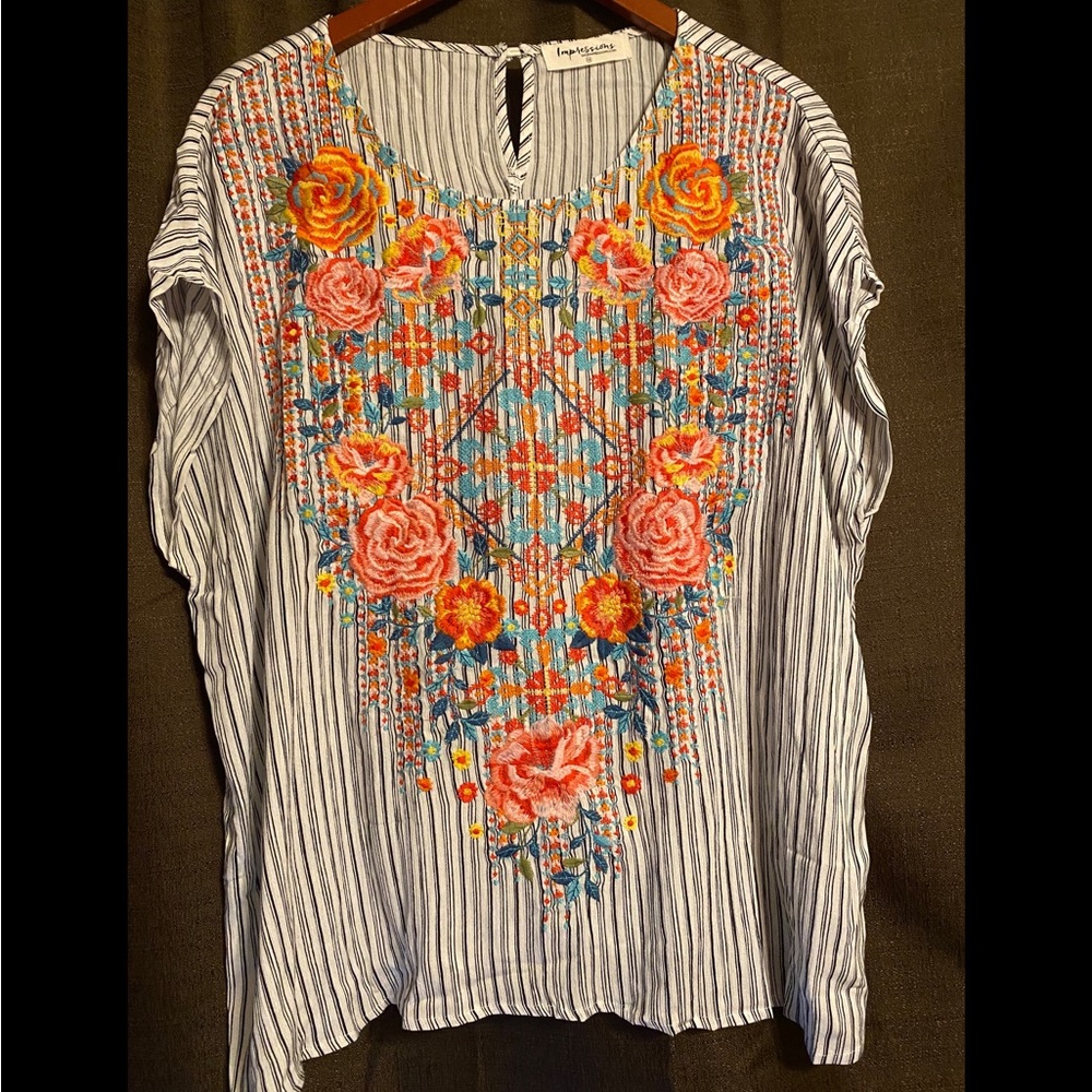 Floral Embroidered Stripped Top - 1x